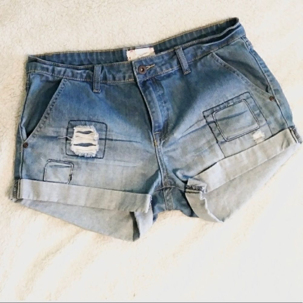 Forever 21 Distressed Patchwork Denim Cuffed Shorts